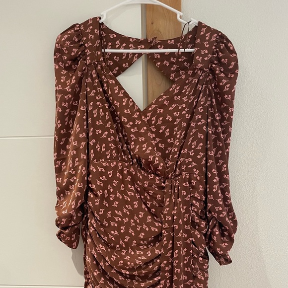 LUSH satin floral ruched Dress Womens Small Midi Asymmetrical Cut Out Back Brown - Picture 7 of 13